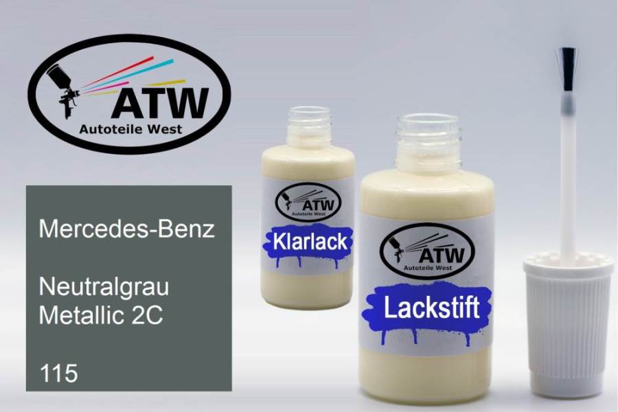 Mercedes-Benz, Neutralgrau Metallic 2C, 115: 20ml Lackstift + 20ml Klarlack - Set, von ATW Autoteile West.